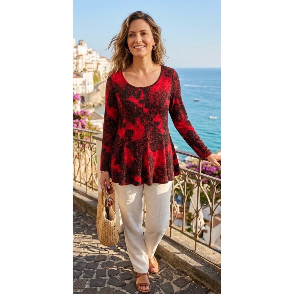 Dressbarn Red Black Paisley Lace Print Tunic Top Petite Large NWT